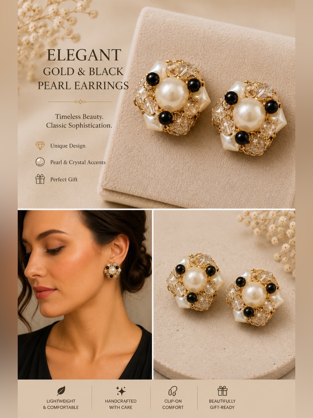 Elegant Gold and Black Pearl Earrings